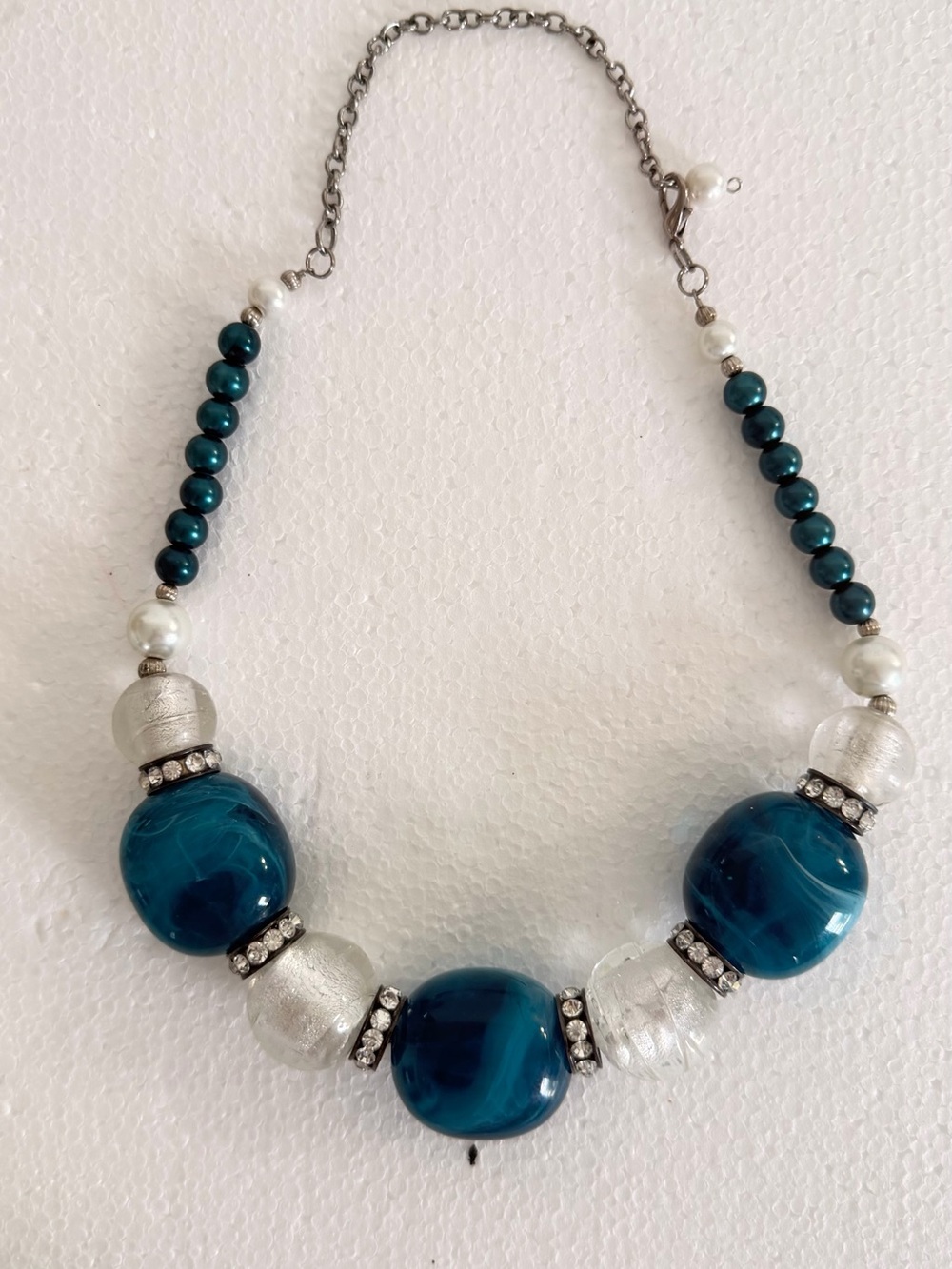 Large Teal and translucent glass beads Statement Necklace -